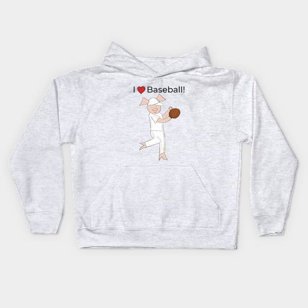 I love Baseball! Left-handed Pig baseball player, pitcher, blue, baseball Kids Hoodie by PiggingJapan